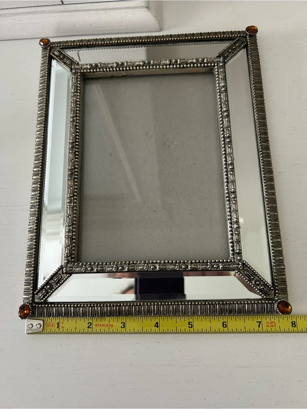 Ornate Silver Mirrored Photo Frame with Amber Crystal Accents